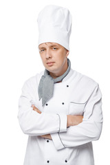 vertical photograph of 30-year-old cook on a white background