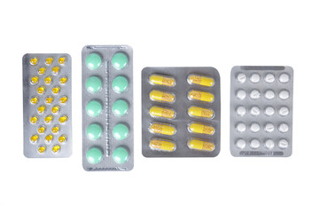 Pills isolated on white background. Pharmaceutical medicament.
