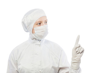chemist with a suit and mask pointing at the space on a white background
