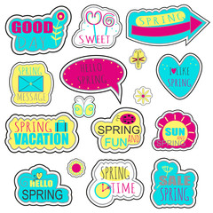 Set of Spring stickers, badges with text, insects and floral elements. Vector illustration.