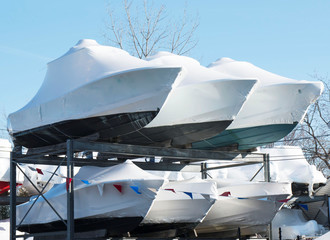 Winterized boats stored on racks