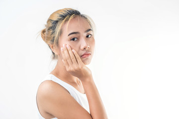 Toothache. Woman's face isolated white background,health care concept.