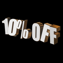 10 percent off letters on black background. 3d render isolated.