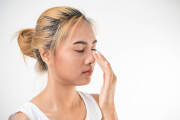 Fototapeta premium Beautiful woman face close up on white