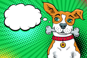 Funny pop art dog with big green eyes holding a bone in his mouth and looking at the speech bubble. Vector bright illustration in retro comic style. Invitation poster.