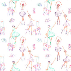 Seamless pattern with watercolor ballet dancers, puppet unicorns and pointe shoes, hand drawn isolated on a white background