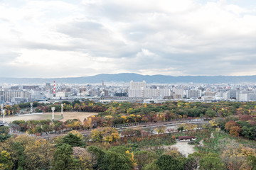 Aerial View of Osaka city in autumn, Kansai, Japan.