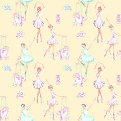 Seamless pattern with watercolor ballet dancers, puppet unicorns and pointe shoes, hand drawn isolated on a tender pink background
