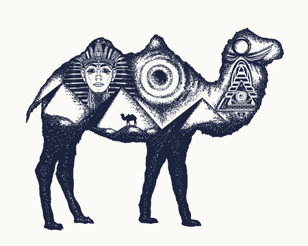 Camel tattoo art. Ancient Egypt, Pharaoh, Ankh, Pyramid. Symbol of archeology, ancient civilizations