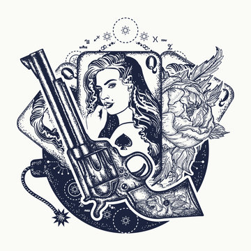 Revolver, playing cards, beautiful girl, bomb tattoo art. Casino, criminal background
