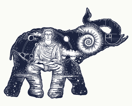 Elephant tattoo art. Symbol of spirituality, meditation, yoga, traveling. Buddha, ammonite, mountains