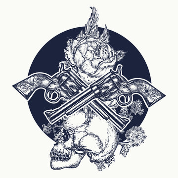 Skull, crossed guns, rose, tattoo art. Symbol of the wild west, robber, crime