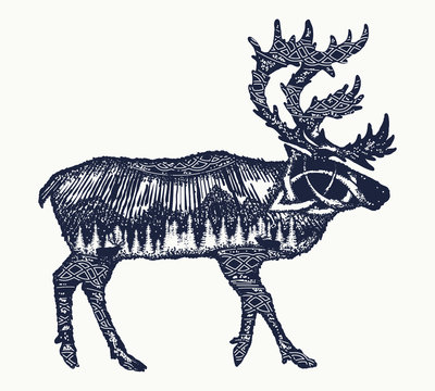 Reindeer double exposure tattoo art. Symbol tourism, travel, far north. Mountains, polar light, celtic pattern