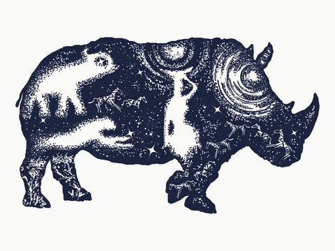 Rhinoceros double exposure tattoo art. Symbol Africa, savannah, travel