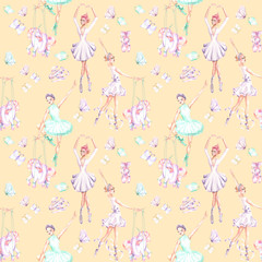Seamless pattern with watercolor ballet dancers, puppet unicorns, butterflies and pointe shoes, hand drawn isolated on a pink background
