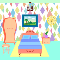 Bedroom with furniture. Colorful room. Flat style vector illustration.