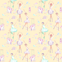 Seamless pattern with watercolor ballet dancers, puppet unicorns, feathers and pointe shoes, hand drawn isolated on a pink background