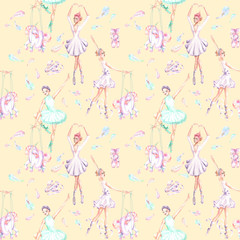 Seamless pattern with watercolor ballet dancers, puppet unicorns, feathers and pointe shoes, hand drawn isolated on a pink background