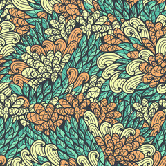 Seamless floral vinage orange and blue hand drawn doodle pattern