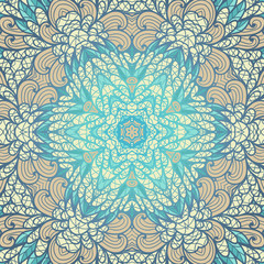 Hand drawn ethnic floral beige and blue ornamental pattern