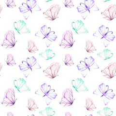 Seamless pattern with watercolor tender purple and mint butterflies, hand drawn isolated on a white background
