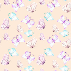 Seamless pattern with watercolor tender purple and mint butterflies, hand drawn isolated on a pink background