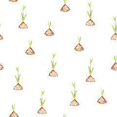 Seamless pattern with watercolor spring green plant sprouts from the soil, hand drawn isolated on a white background