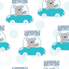 seamless pattern with cute teddi bear in the car vector illustration