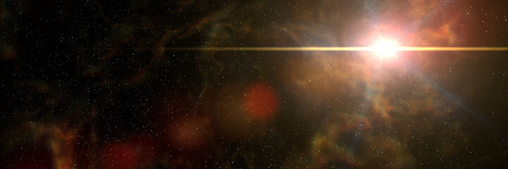 bright star shining in deep space with colourful nebula and lens flare effect (banner format 3x1)