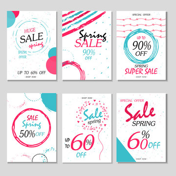 Set of 6 spring discount cards design. Can be used for social media sale website, poster, flyer, email, newsletter, ads, promotional material. Mobile banner template.