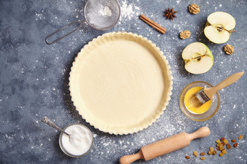 Apple pie raw American traditional dessert pastry baked food preparation recipe with ingridients...