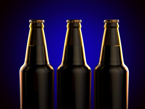 Bottles of beer on a blue background. 3d illustration.
