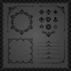 Vintage set of vector horizontal, square and round black elements. Different elements for decoration and design frames, cards, menus, backgrounds and monograms. Classic patterns. Set of vintage
