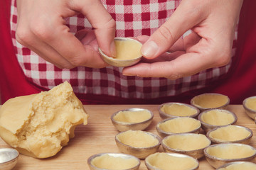 In the kitchen from shortcrust pastry baked tasty nuts shapes with sweet, brown cream - condensed milk. Homemade pastries.