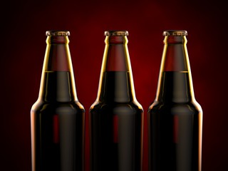 Bottles of beer on a red background. 3d illustration.
