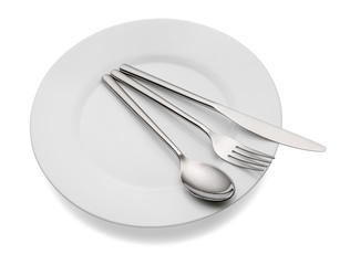 Empty plate with spoon, knife and fork on a white background