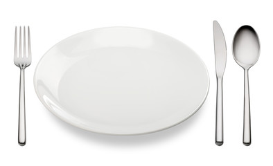 Empty plate with spoon, knife and fork