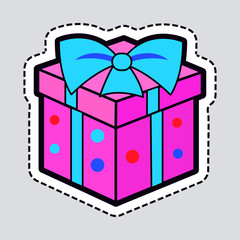 Gift Box. Pink New Year Present with Blue Ribbon