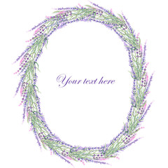 A frame, wreath, frame border for a text with the watercolor lavender flowers, hand-drawn on a white background, a greeting card, a decoration postcard, wedding invitation