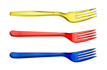 Disposable tableware. Set of three colored plastic forks