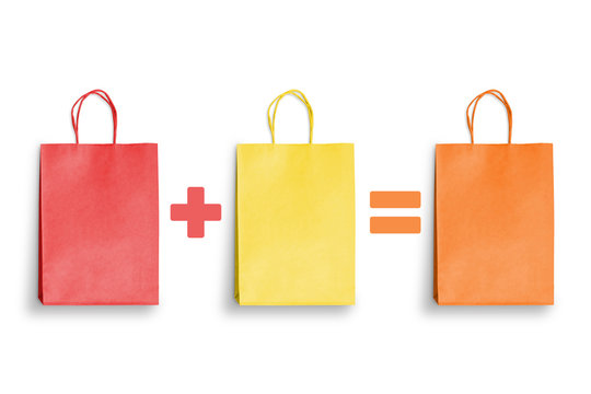 Red shopping bag plus yellow equal orange. Discount, saving, shopping gift promotion. Empty space on bags for text input.