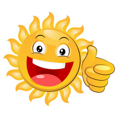 Thumbs Up Icon. Smiling Yellow Happy Sun Giving A Thumbs Up. Cartoon Vector Isolated On White Background. Smiling Sun Emoji. Smiling Sun.
