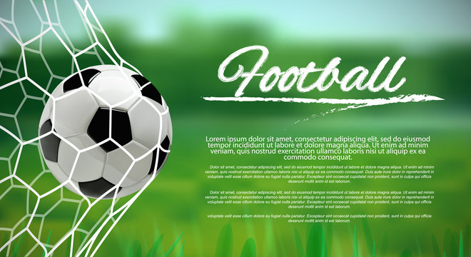 Soccer or Football 3d Ball in the Net on green background ond place for text.