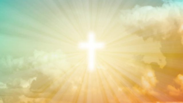 Christian easter motive, shining cross with moving rays around, on dramatic sky, 4K video clip 