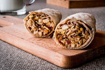 Chicken shawarma durum kebab with ayran or buttermilk / Tantuni.