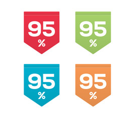95% on colorful Red Green Blue Orange price label tag with sewing stitch style isolated on white background. For summer spring autumn winter sale campaigns. 
