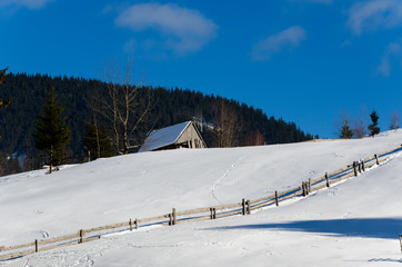 House on a hillside covered with snow and green trees on the sides, with hhory Blue Christmas forest in the background Winter landscape.