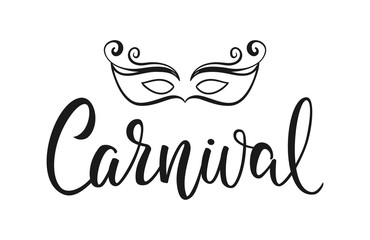 Vector illustration: Handwritten elegant brush lettering of Carnival with hand drawn masquerade mask.