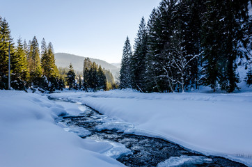 Winter mountain landscape, frozen river covered with snow flowing between the trees.