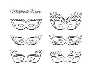 Vector illustration: Set of hand drawn outline masquerade masks.